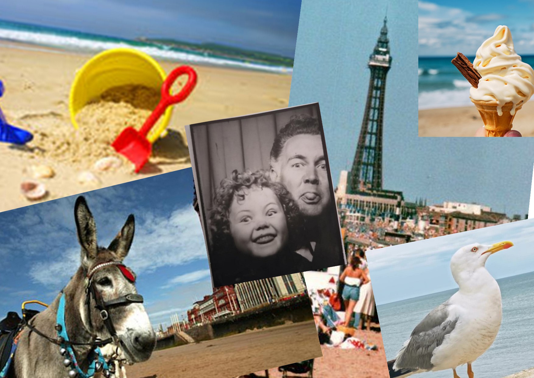 Seaside images collage, with Maria as a child in the middle